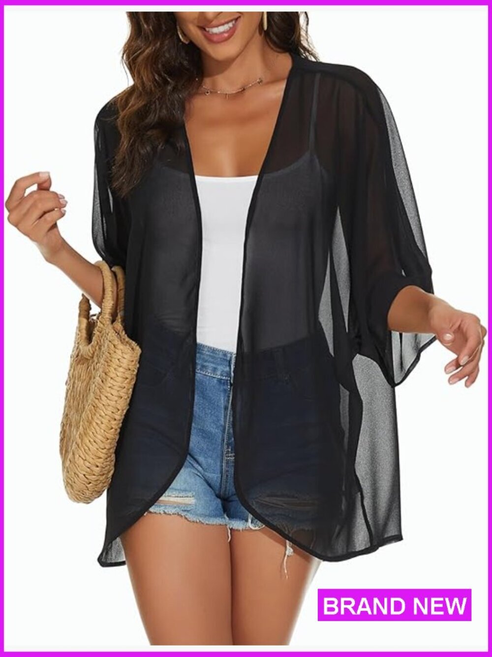 Womens Kimono Cardigan Beach Coverup Puff Sleeve Loose Casual Summer Top Trendy